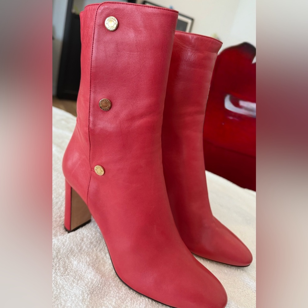 Jimmy Choo Red Heeled Boots with Gold Buttons